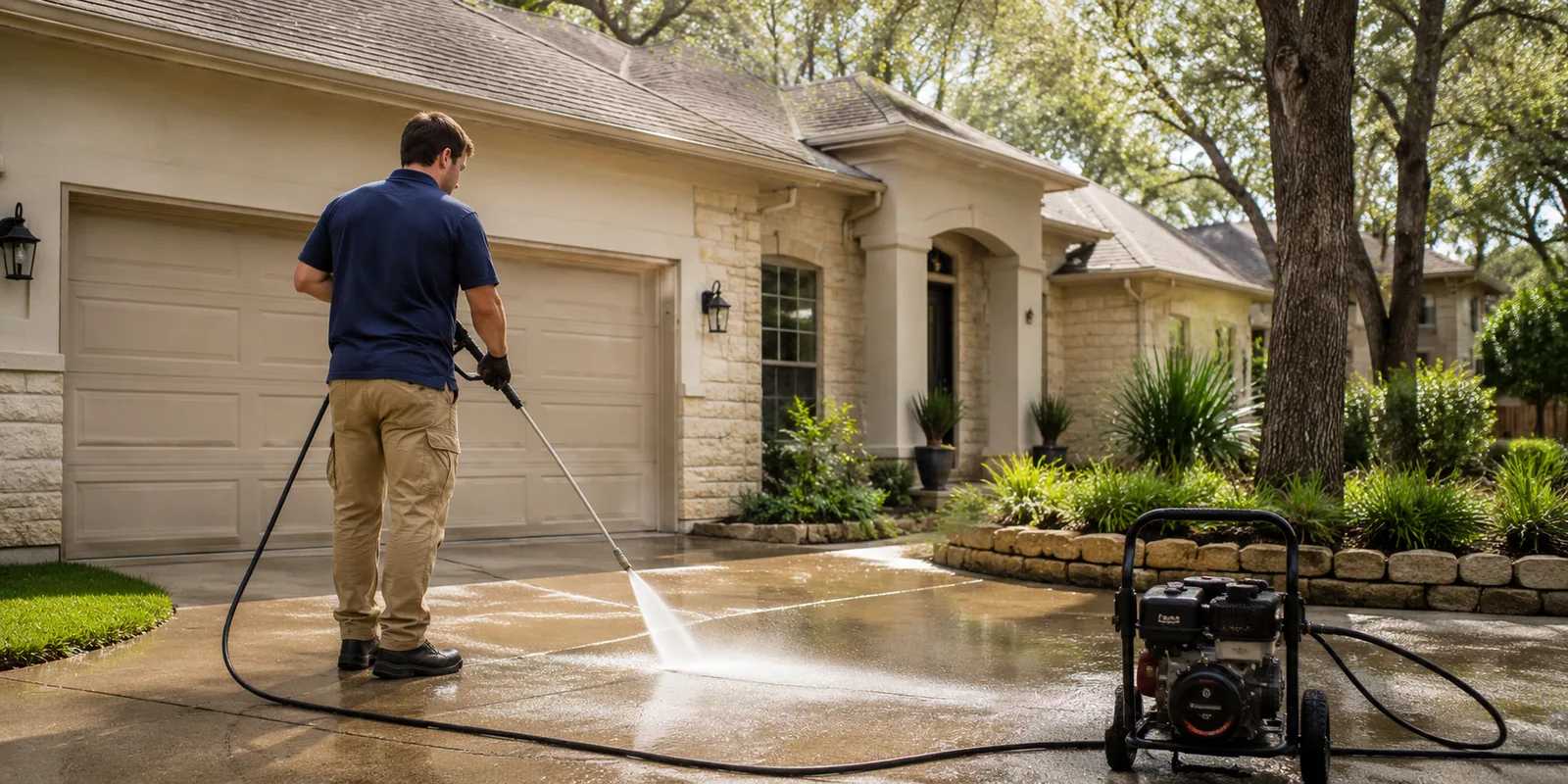 Hired Hands pro pressure washing a driveway at an Austin home